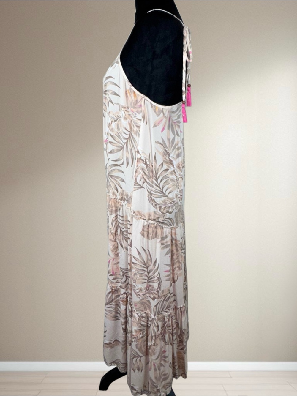 Blue Island Tiered Maxi Dress Beige Floral Tassel Tie Straps Tropical Resortwear - Picture 4 of 11